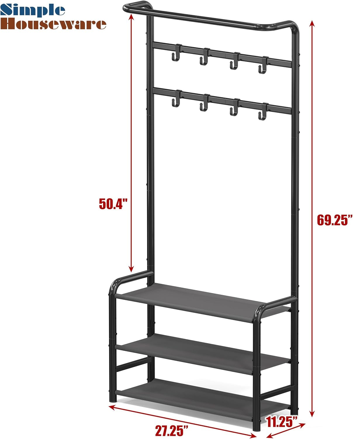 Coat Rack with Storage Shelf, Freestanding Hall Tree with Hooks for Entryway, Bedroom, Office, Black Metal Clothes Hanger Stand for Coats, Hats, Jackets, Bags - Black