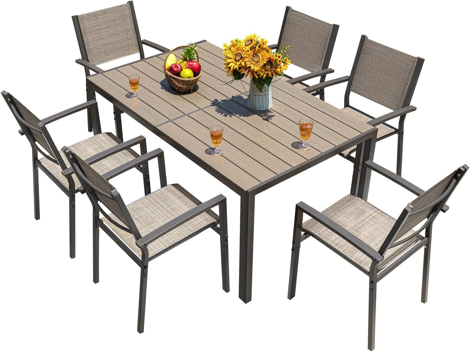 Patio Dining Set 7 Pieces Outdoor Furniture with Large Table and 6 Textilene Chairs for Porch, Poolside, Yard and Garden, Brown