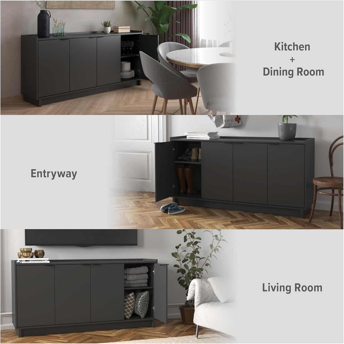 Simply Modern 4 Door Console Table Storage Cabinet, Buffet Cabinet for Storage and Organization, Modern Side Table with Doors & Shelves, 60”W X 30”H X 16”D, Black