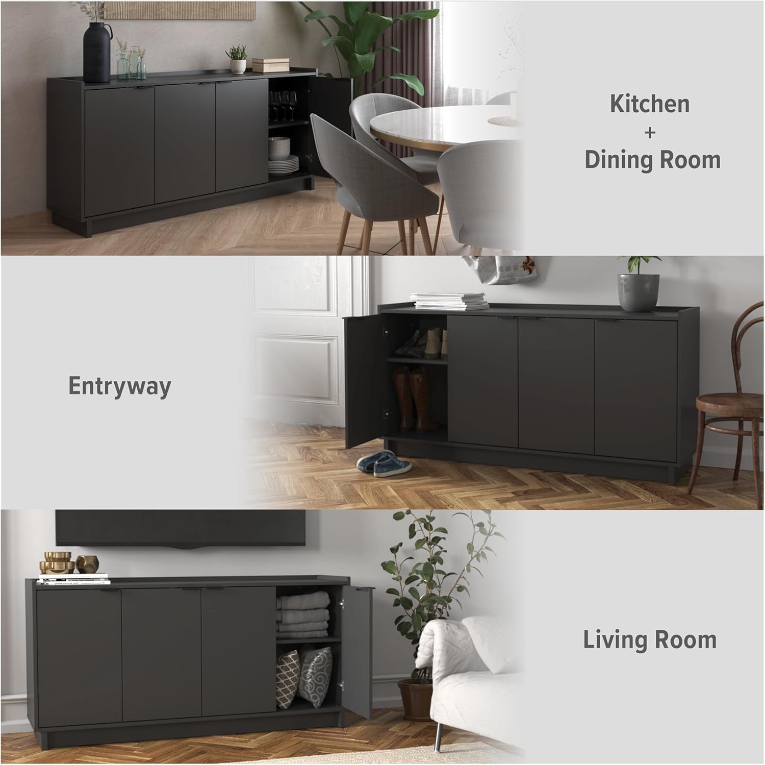 Simply Modern 4 Door Console Table Storage Cabinet, Buffet Cabinet for Storage and Organization, Modern Side Table with Doors & Shelves, 60”W X 30”H X 16”D, Black