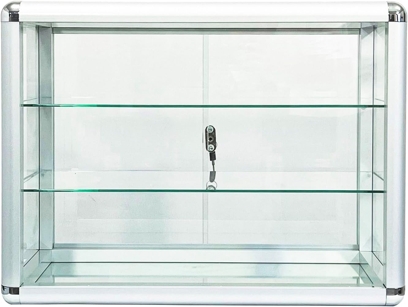 Aluminum Display Showcase with Removable Glass Shelves, Tempered Counter Top Glass Case with Lock and Key (Silver, 24" L X 12" D X 18" H)