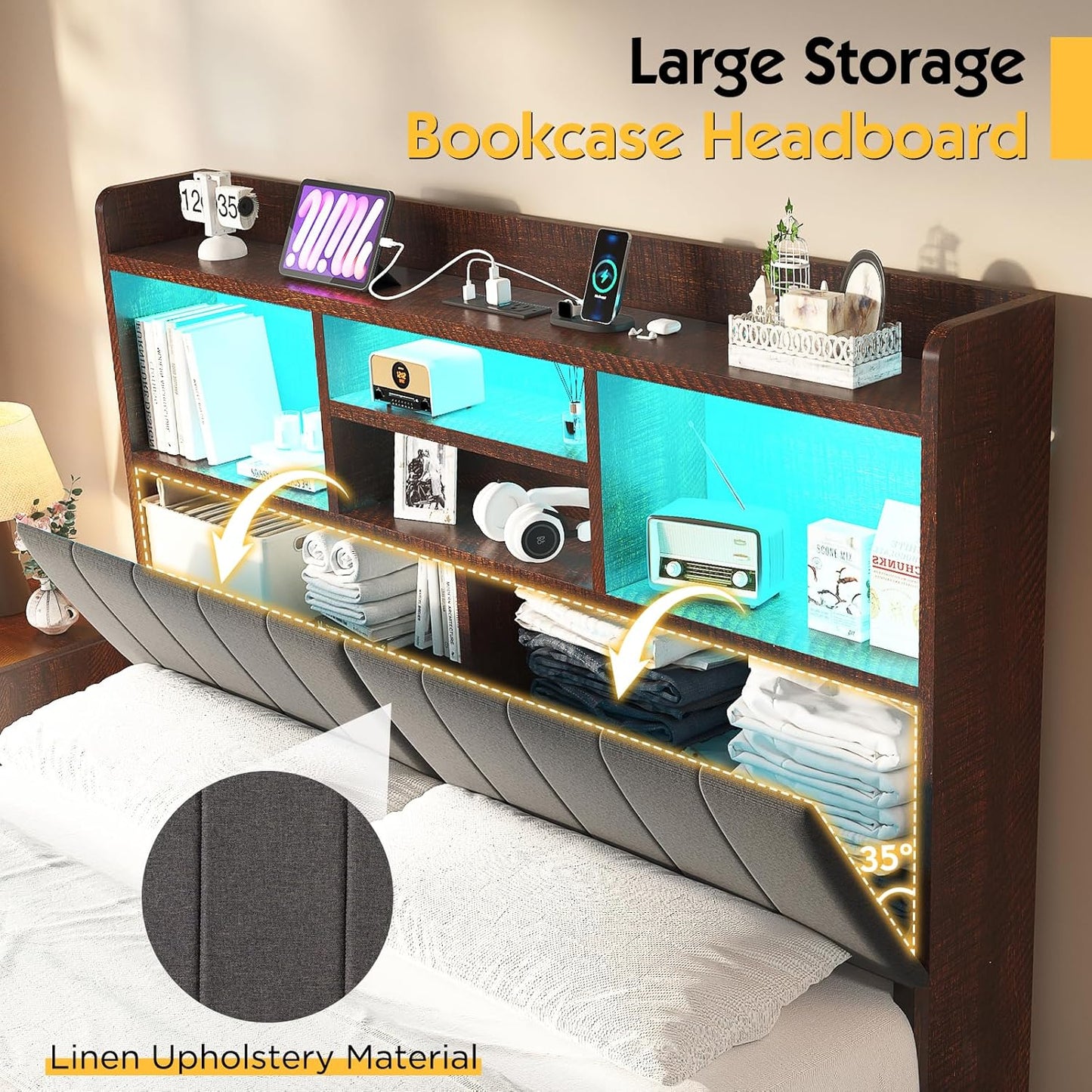 King Farmhouse Bed Frame with Bookcase Headboard and 4 Drawers, LED Storage Bed with Charging Station & Linen Upholstered, No Box Spring Needed, Reclaimed Barnwood