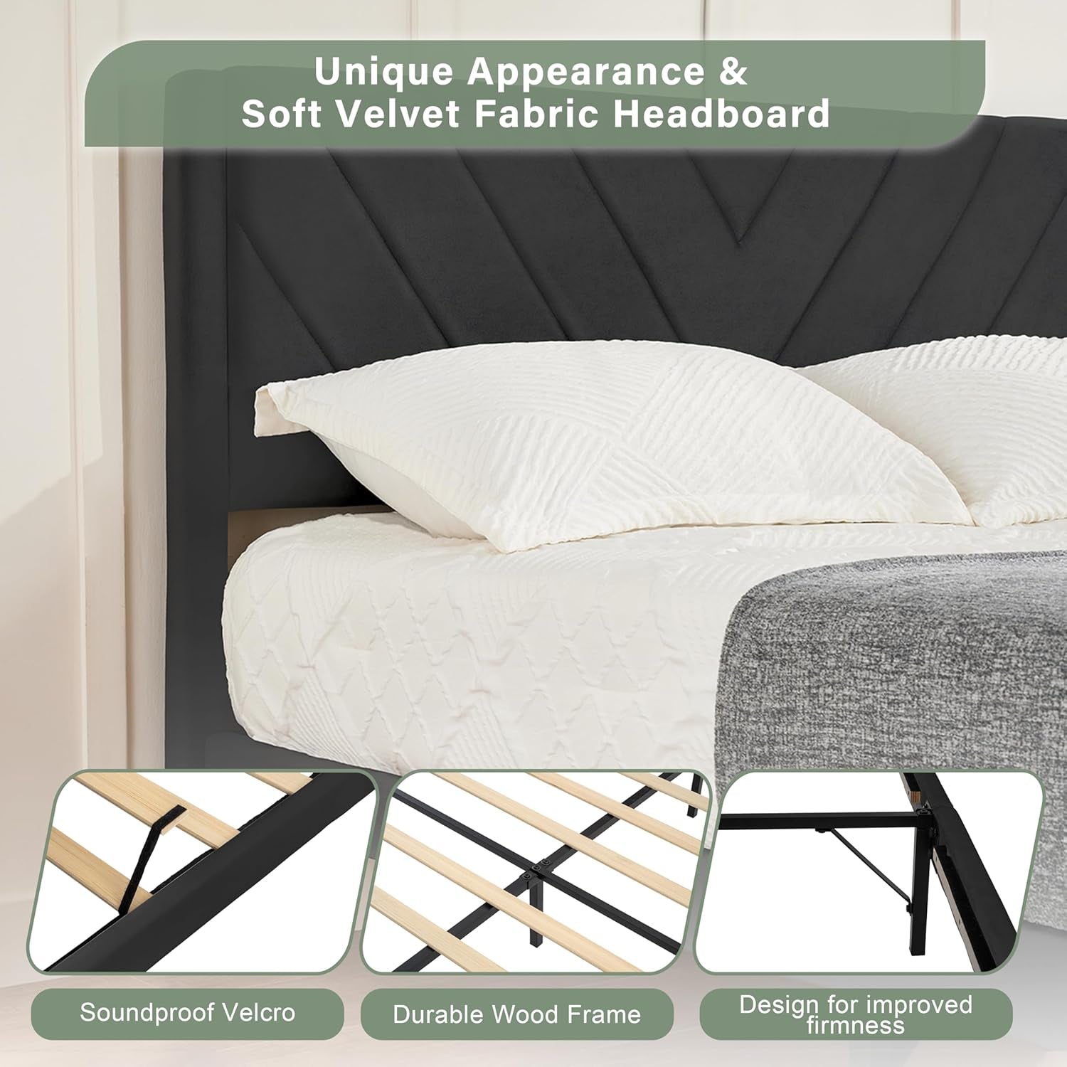 Queen Bed Frame with Headboard, Bed Frame Queen Size with Sturdy Wooden Slats Support, Platform Bed Frame with Velvet Upholstered Headboard, Mattress Foundation, Easy Assembly, No Box Spring Needed