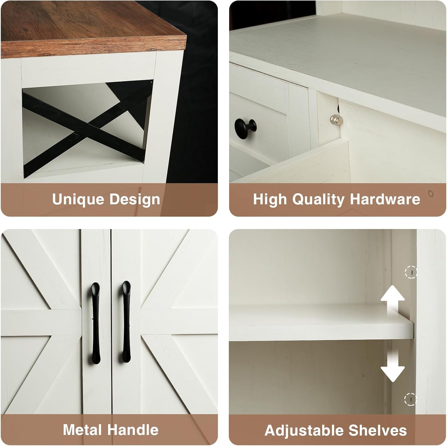 Farmhouse White Storage Cabinet with Doors and Drawers, Freestanding Kitchen Pantry Cabinet, Floor Storage Cabinet Hutch Cupboard for Kitchen, Living Dining Room, Bathroom