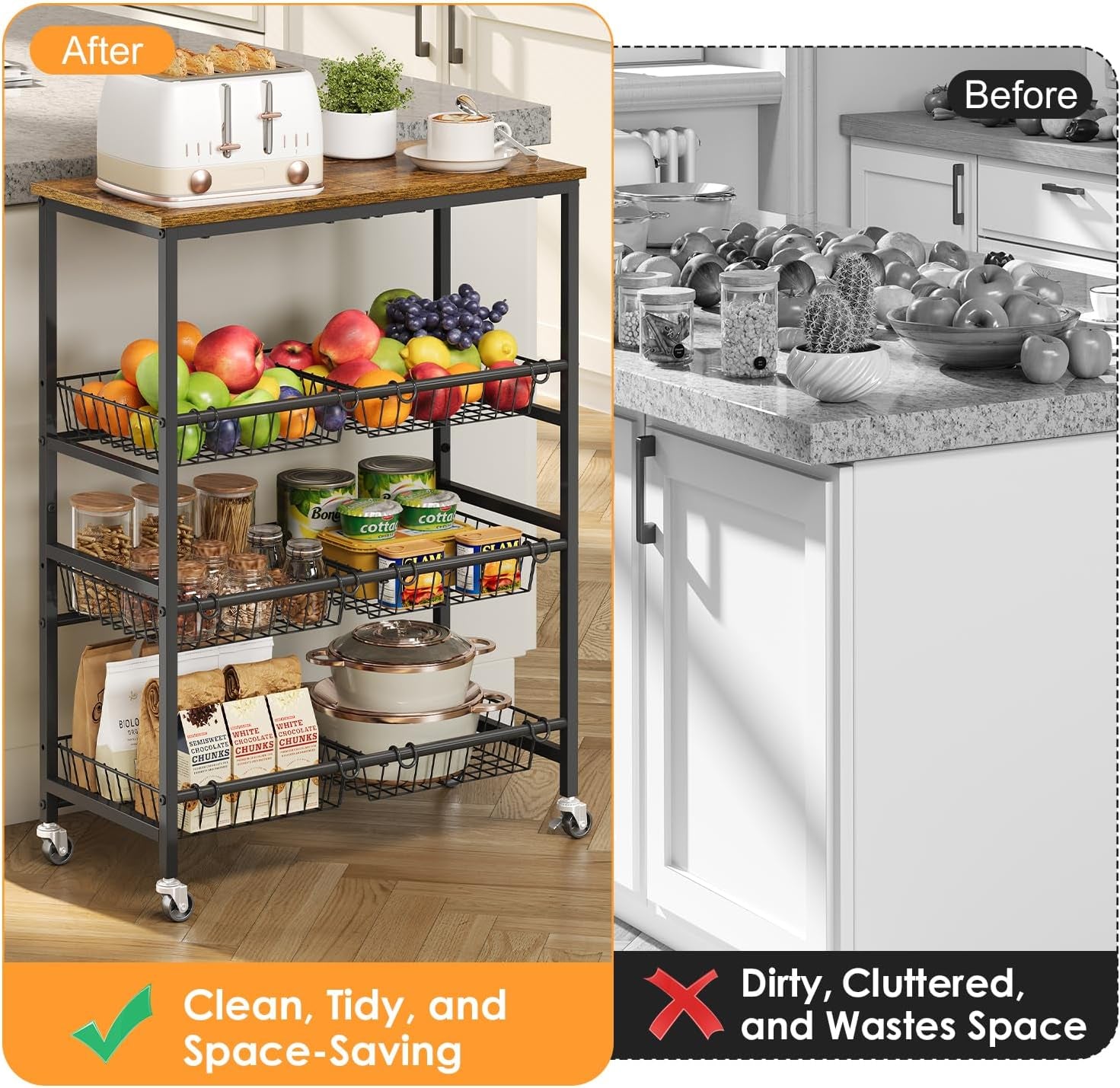 4-Tier Rolling Kitchen Storage Cart,Utility Kitchen Pantry Organizers and Storage Cart with Wheels for Snack Fruit and Vegetable,Microwave Stand with Storage Shelf,Has 6 Wire Baskets and Wood Tabletop