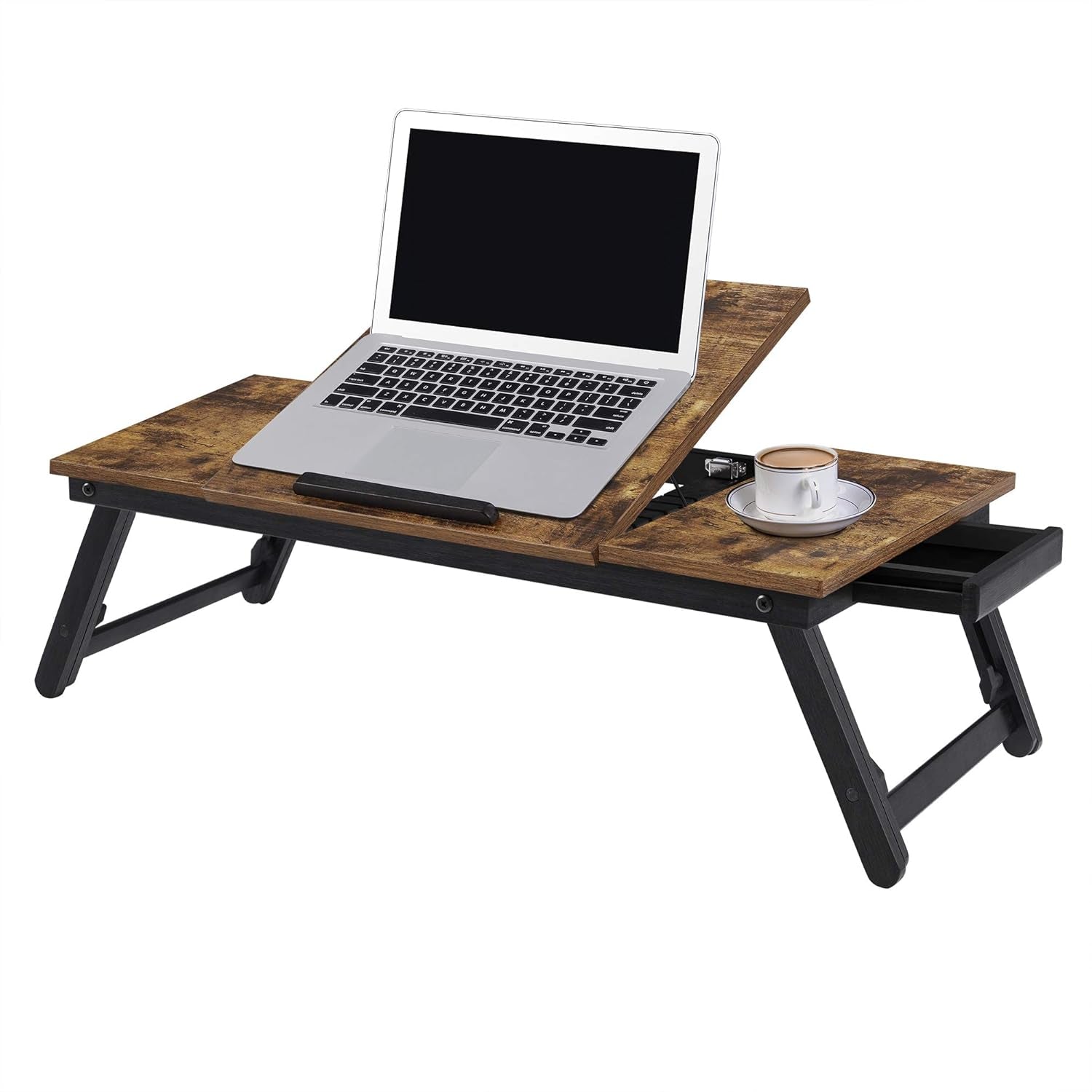Laptop Desk, Bed Sofa Breakfast Tray, Adjustable Tilt Top, Right-Left Handed, Adjustable Folding Legs, Drawer, Rustic Dark Brown ULLD110B01