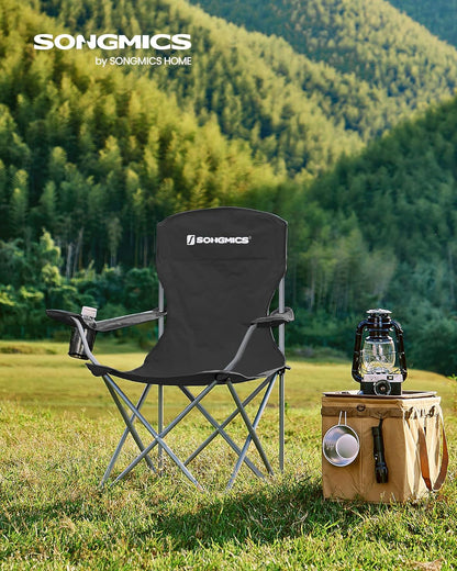 Set of 2 Folding Camping Chairs, Comfortable, Heavy Duty Structure, Max. Load Capacity 330 Lb, Outdoor Chair with Cup Holder, for Camping, Garden, Fishing, Terrace, Black UGCB08BK