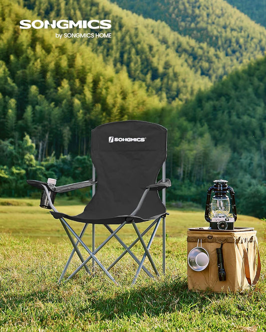Set of 2 Folding Camping Chairs, Comfortable, Heavy Duty Structure, Max. Load Capacity 330 Lb, Outdoor Chair with Cup Holder, for Camping, Garden, Fishing, Terrace, Black UGCB08BK