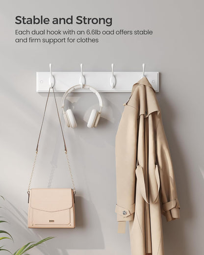 Wall-Mounted Coat Rack, Hook Rack, 4 Dual Metal Hooks, for Coats, Bags, Keys, in the Entryway, Bedroom, Living Room, White ULHR23WT