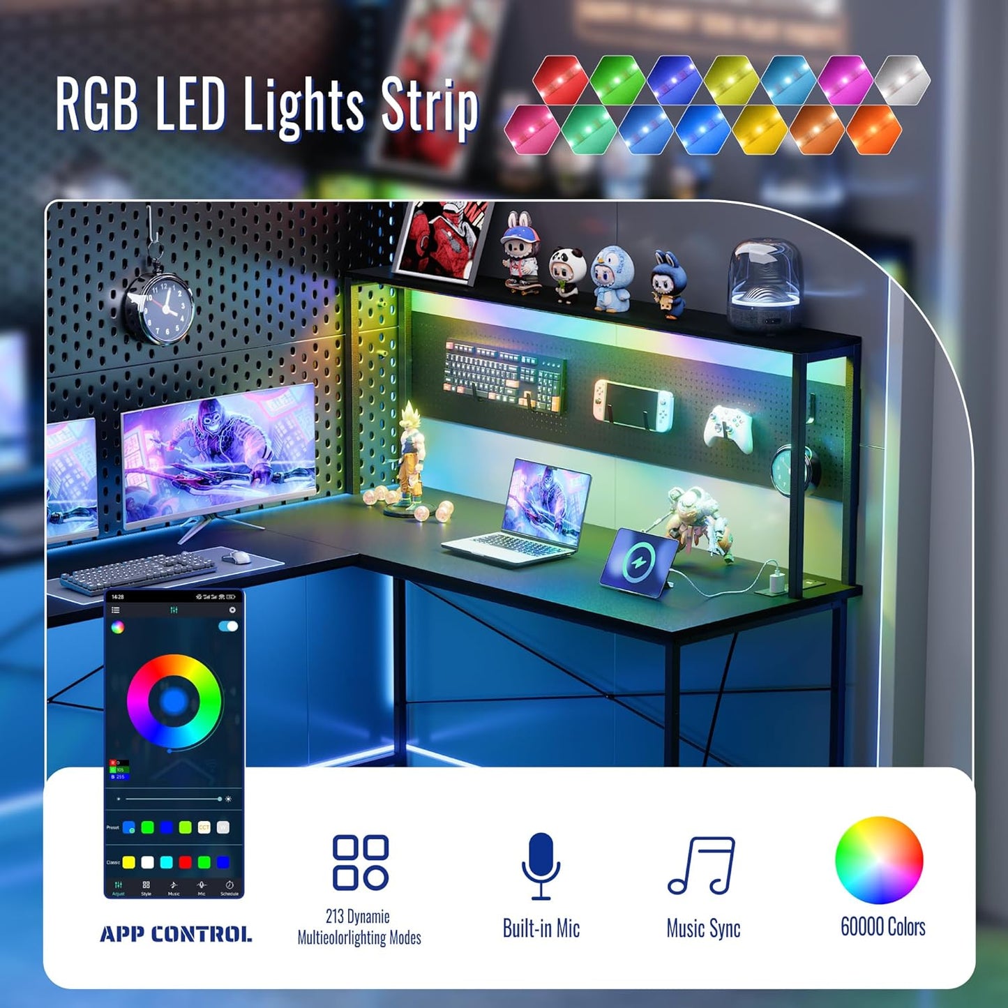 60 Inch L Shaped Gaming Desk with LED Lights and Power Outlets Reversible Corner Computer Desk with Pegboard Storage Shelves Home Office Table for Work Study White