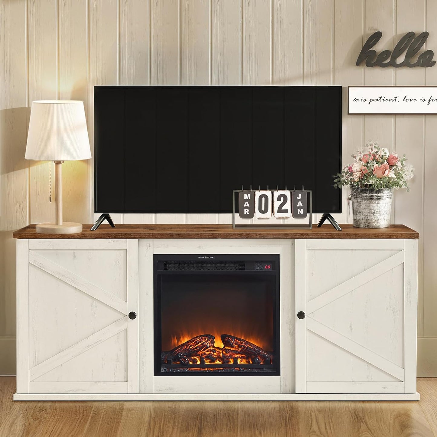Fireplace TV Stand for Tvs up to 65 Inches, 18-Inch Electric Fireplace with Remote, Farmhouse Entertainment Center, Media Console Table for Living Room, Rustic White and Honey Brown ULTV540W01