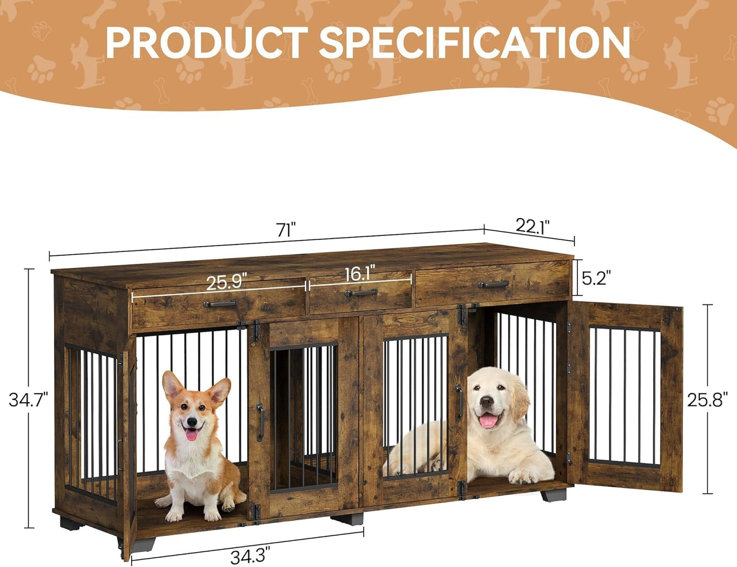 71'' Double Dog Crate Furniture, Large Dog Kennel Indoor with 3 Storage Drawers and Removable Divider for 2 Dogs, Heavy Duty Decorative Dog House TV Stand Side Table for Medium Large Dogs, Grey