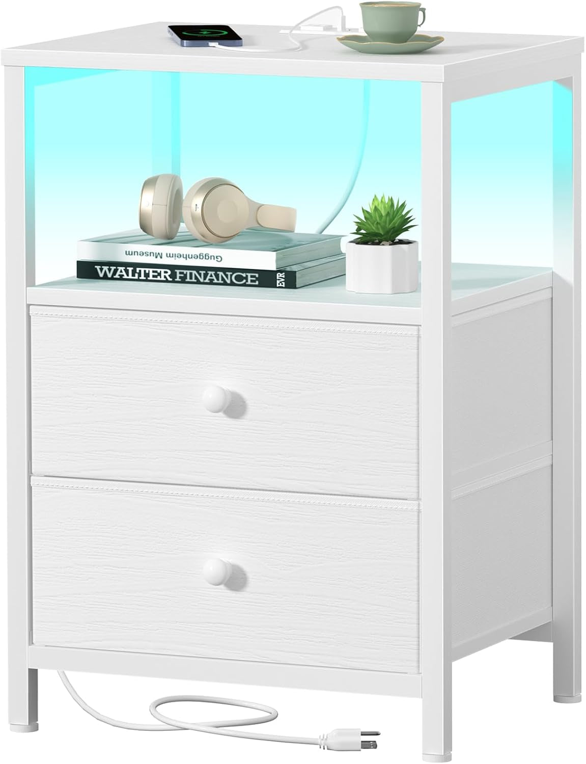 White Nightstand with Charging Station, LED Night Stand with 2 Fabric Drawers, Bedside Table with USB Ports and Outlets, Nightstand for Bedroom Modern