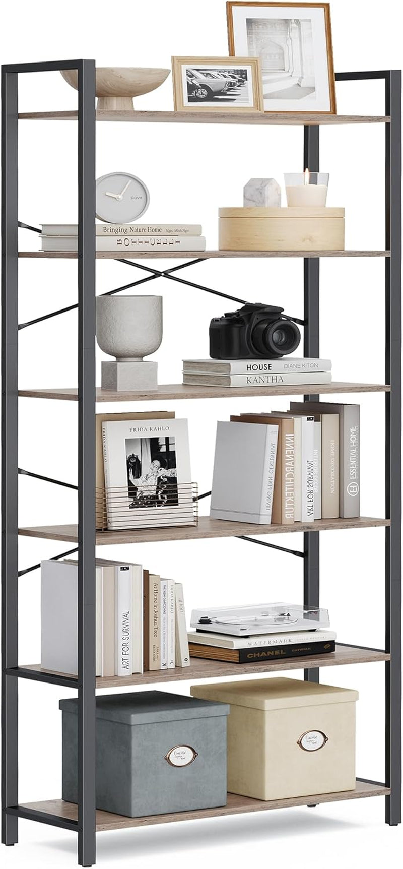 6-Tier Bookshelf, Bookcase with Steel Frame, Book Shelf for Living Room, Home Office, Study, 11.8 X 31.5 X 73.2 Inches, Industrial Style, Heather Greige and Ink Black ULLS082B02