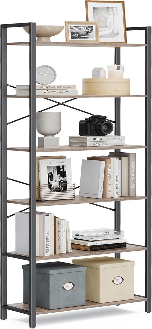 6-Tier Bookshelf, Bookcase with Steel Frame, Book Shelf for Living Room, Home Office, Study, 11.8 X 31.5 X 73.2 Inches, Industrial Style, Heather Greige and Ink Black ULLS082B02