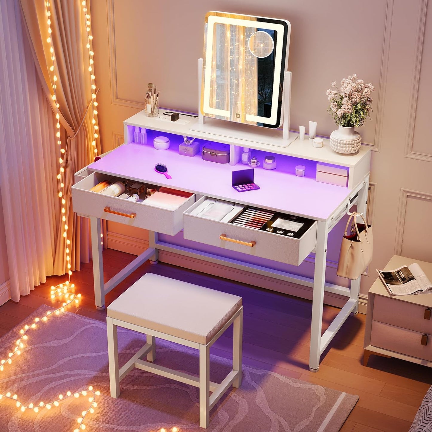 Makeup Vanity Desk with 3-Color Dimmable Lighting Mirror, Vanity Table with 2 Fabric Drawers, Stool, RGB Light Strip & Charging Station, Modern Makeup Desk Set for Home Office, Cream White