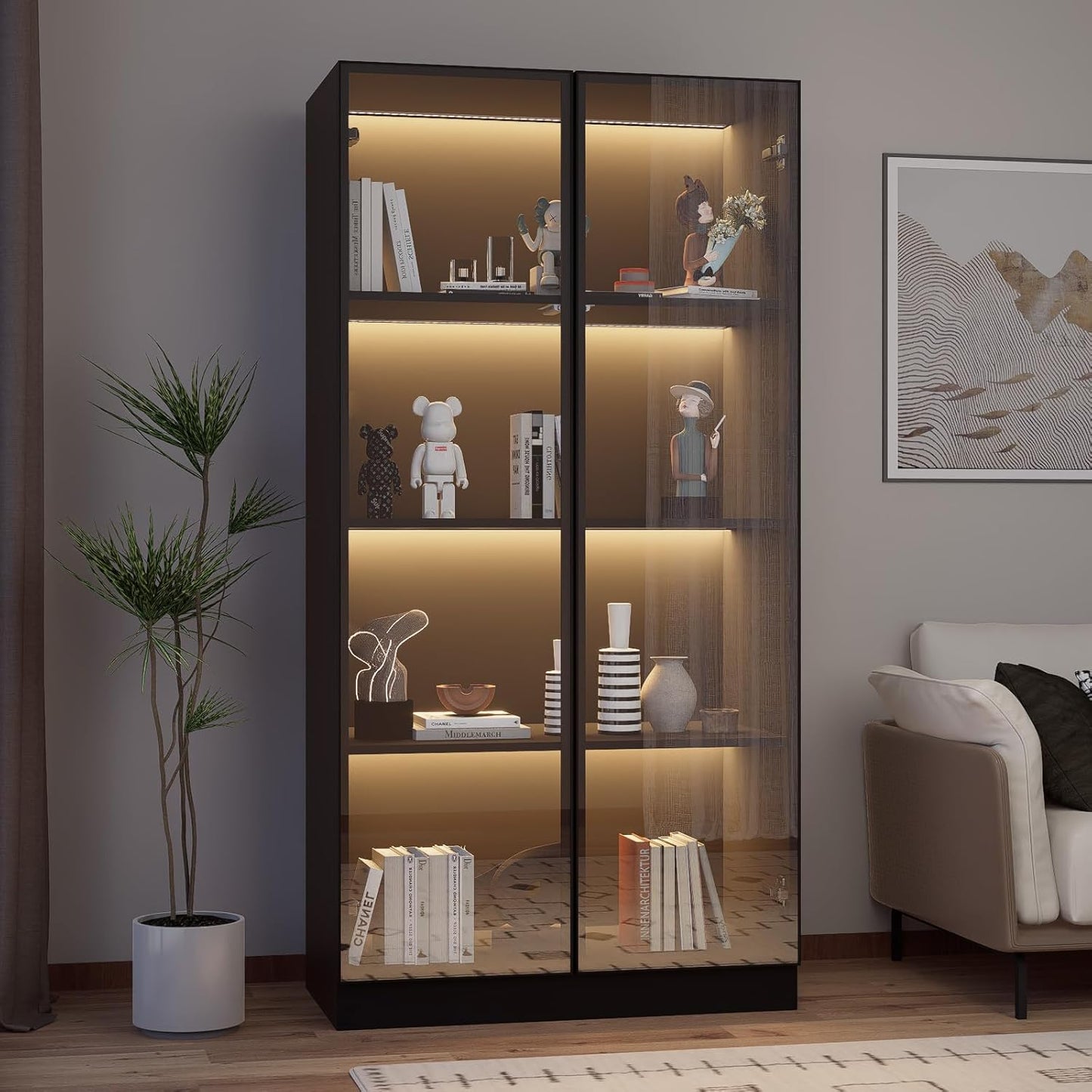 Glass Display Cabinet with LED Lights Set of 2, Display Case Bookcase with 4-Tier Shelves, Curio Cabinet with 2 Glass Doors, Storage Cabinet for Collectibles, Living Room