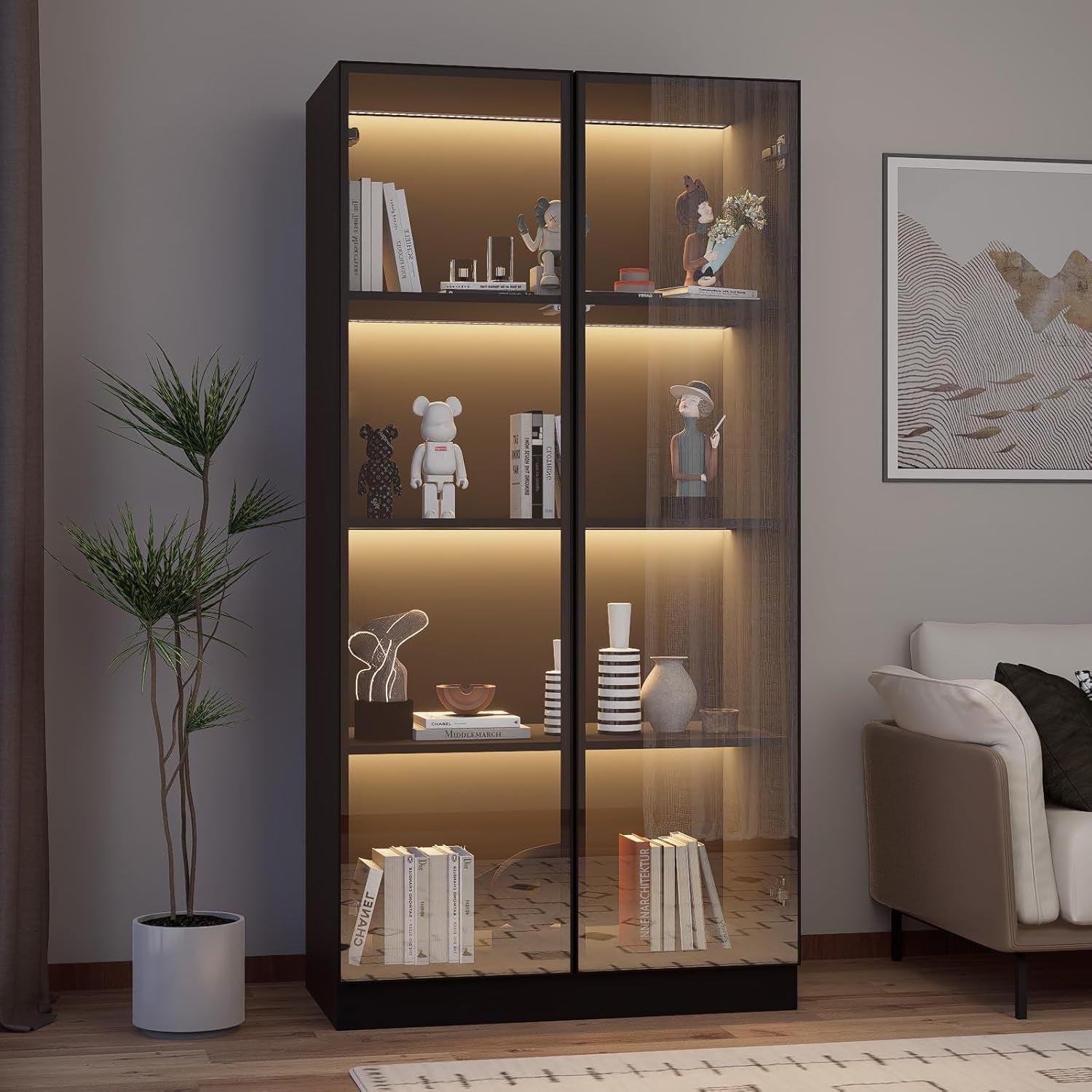Glass Display Cabinet with LED Lights Set of 2, Display Case Bookcase with 4-Tier Shelves, Curio Cabinet with 2 Glass Doors, Storage Cabinet for Collectibles, Living Room