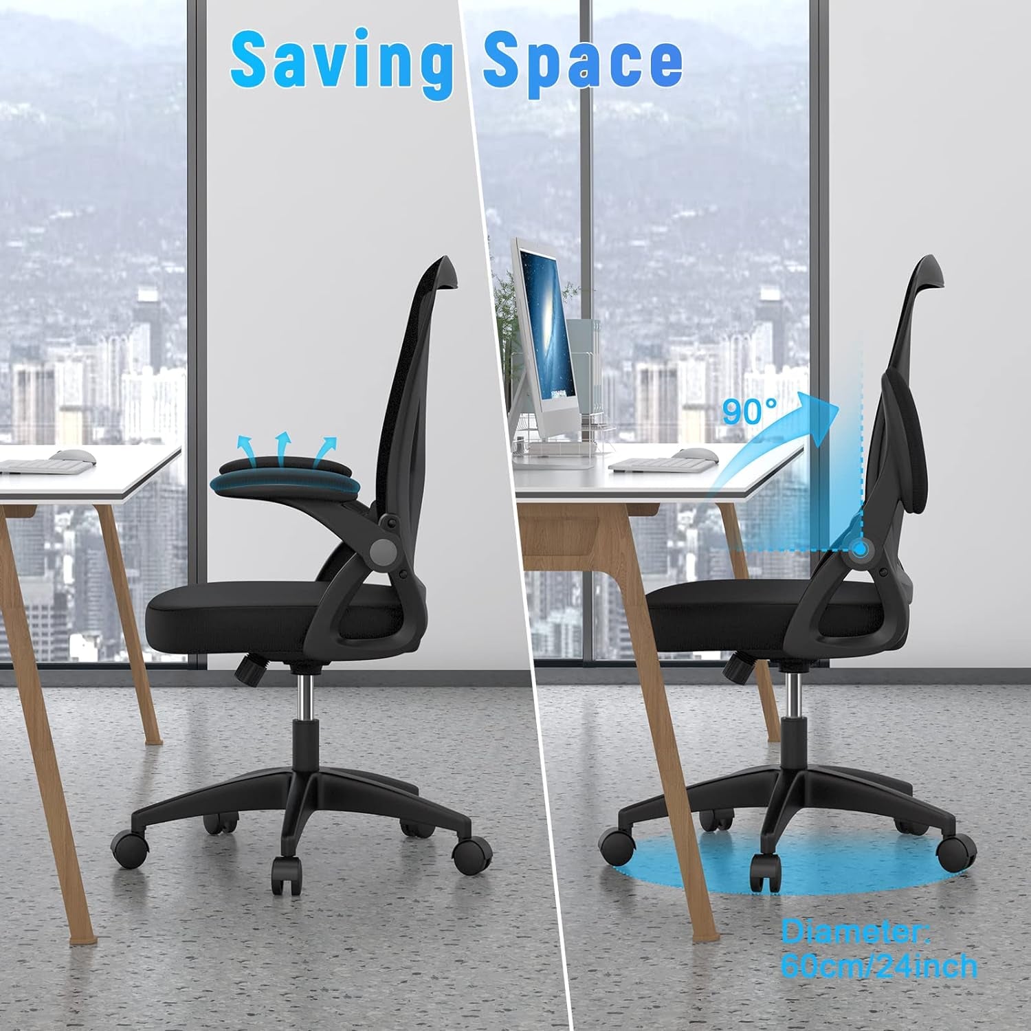 Ergonomic Office Chair, Mid Back Desk Chairs with Adjustable Height, Swivel Chair with Flip-Up Arms and Lumbar Support, Breathable Mesh Computer Chair for Home/Study/Working, Dark Black