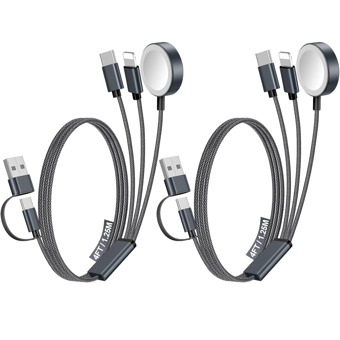 2Pack Multi Fast Charging Cable for Travel Vacation Essentials,Apple Watch Charger,Iphone Charger[3-In-2]Usb A/Type C/Lightning Cable for Iwatch,Iphone 16-11,Nintendo Switch,Airpods,Car,Camping-Black