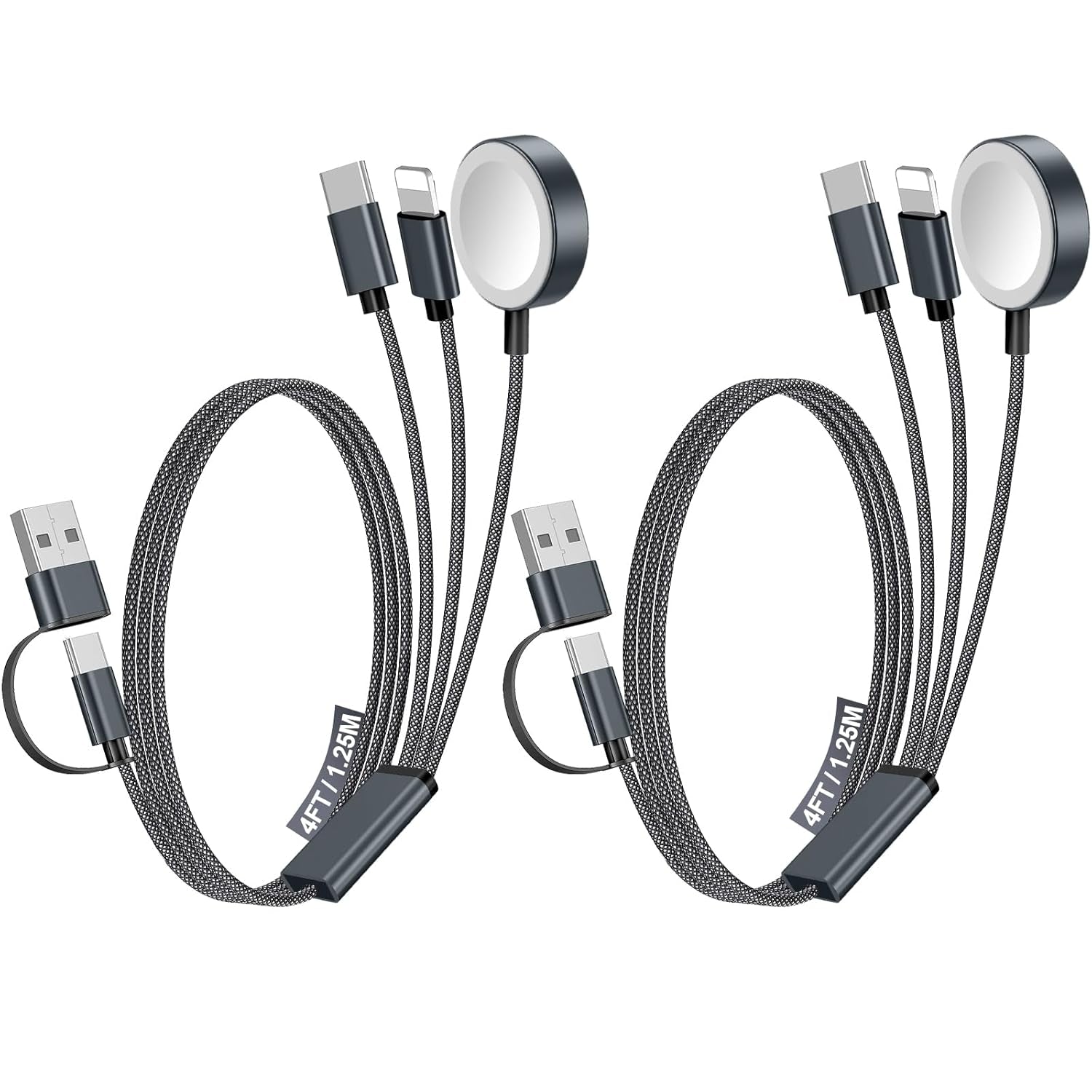 2Pack Multi Fast Charging Cable for Travel Vacation Essentials,Apple Watch Charger,Iphone Charger[3-In-2]Usb A/Type C/Lightning Cable for Iwatch,Iphone 16-11,Nintendo Switch,Airpods,Car,Camping-Black