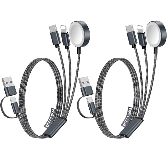 2Pack Multi Fast Charging Cable for Travel Vacation Essentials,Apple Watch Charger,Iphone Charger[3-In-2]Usb A/Type C/Lightning Cable for Iwatch,Iphone 16-11,Nintendo Switch,Airpods,Car,Camping-Black