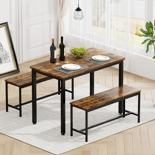 43" Dining Room Table Chairs Set for 4, Modern Space Saving Kitchen Table with 2 Benches & Adjustable Feet Breakfast Table, Wooden Industrial Style Farmhouse, Brown
