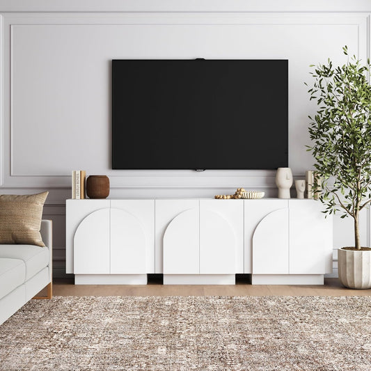 Iris Mid-Century Modern Credenza, White TV Stand, Living Room Wood Storage Cabinet with Arched Cabinet Doors, Set of 3
