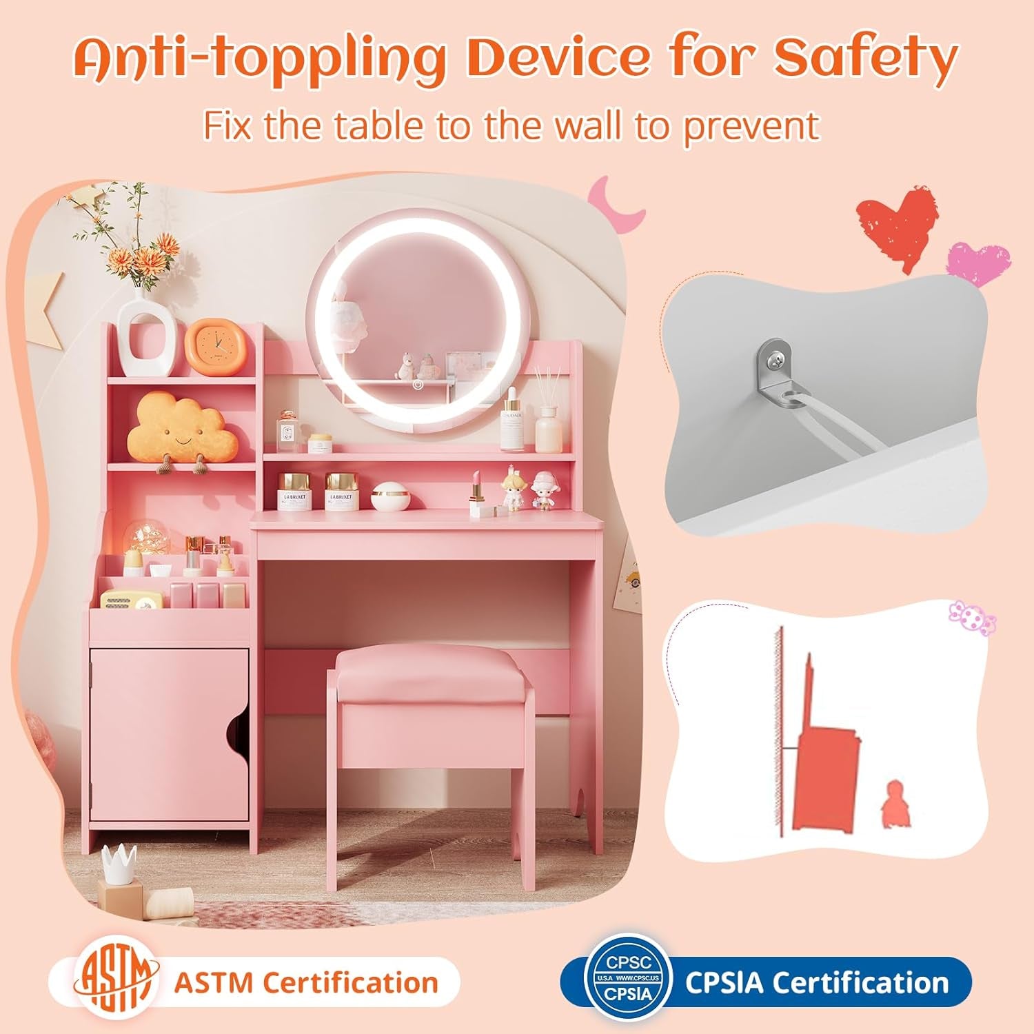 Kids Vanity with Lights, Princess Makeup Vanity Desk with Open Bookshelf, Storage Cabinet & Shelves, Toddler Vanity Table and Chair Set, Pretend Play Vanity Set for Little Girls, Pink