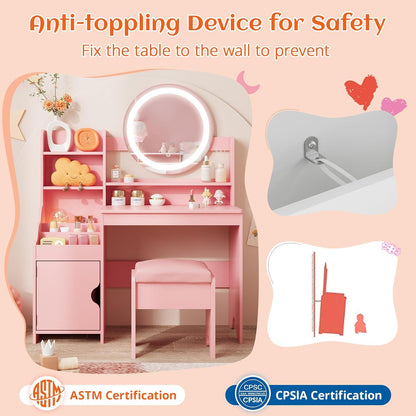 Kids Vanity with Lights, Princess Makeup Vanity Desk with Open Bookshelf, Storage Cabinet & Shelves, Toddler Vanity Table and Chair Set, Pretend Play Vanity Set for Little Girls, Pink
