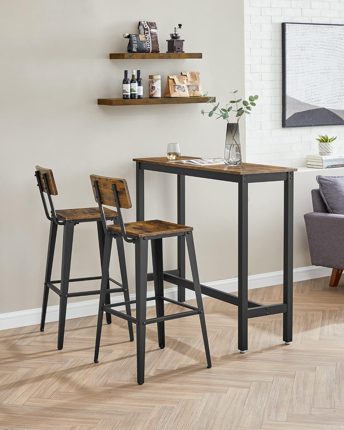Set of 4 Bar Stools, Bar Height Stools, 29.1 Inches Tall Barstools with Back, Counter Bar Chairs for Kitchen Island, Steel Frame, Industrial Style, Easy Assembly, Rustic Brown and Ink Black