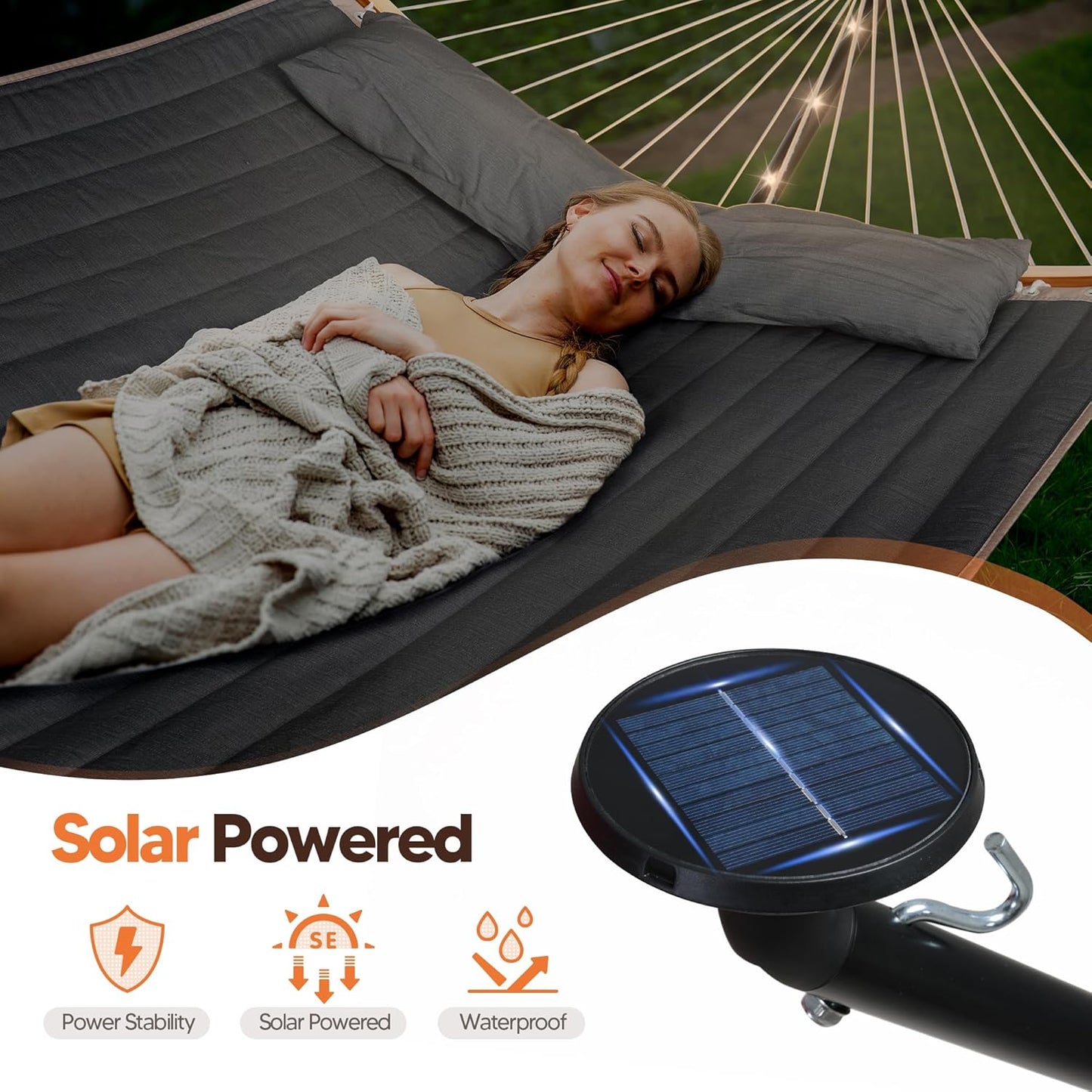 Double Backyard Hammock with Solar Powered Lights for Outside, 475 Lbs Capacity, Heavy Duty Self Standing Hammock with 12 Ft Stand, Dark Grey