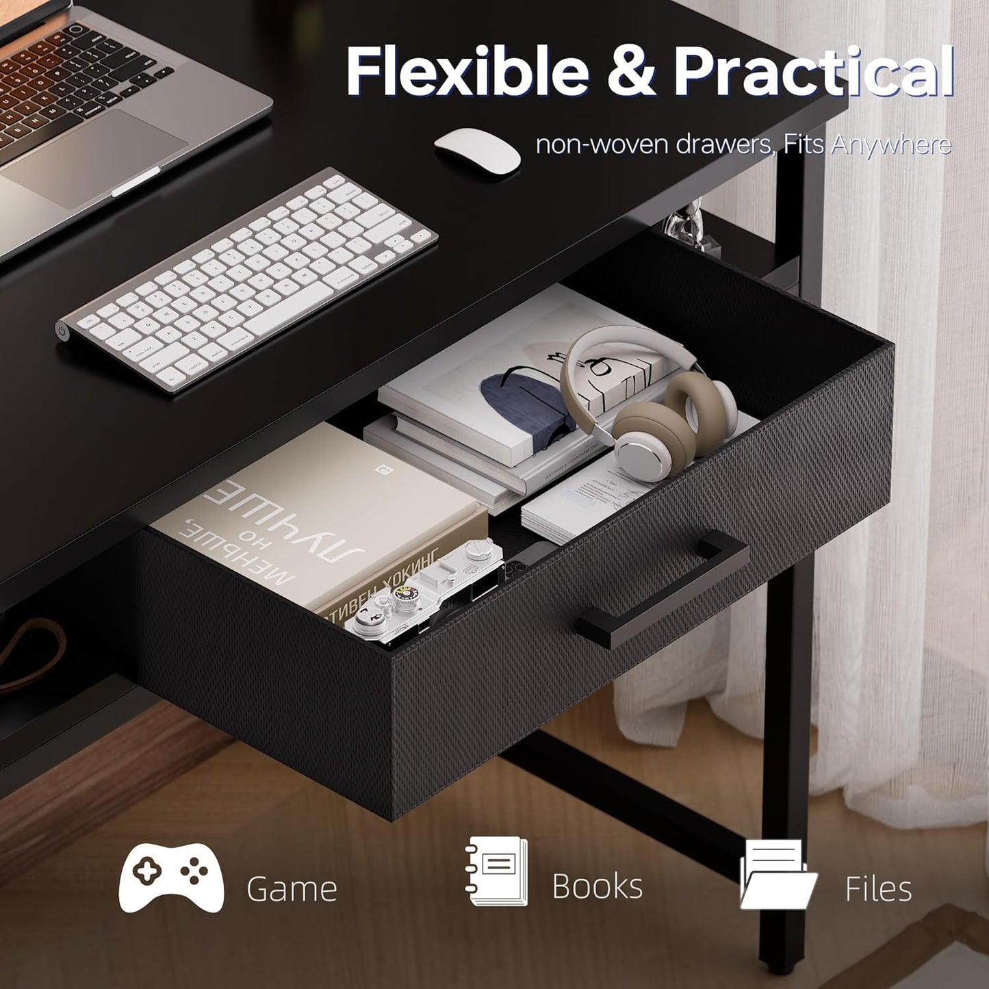 32 Inch Small Computer Desk with Drawer and Shelves Simple Study Work Table for Bedroom Marble