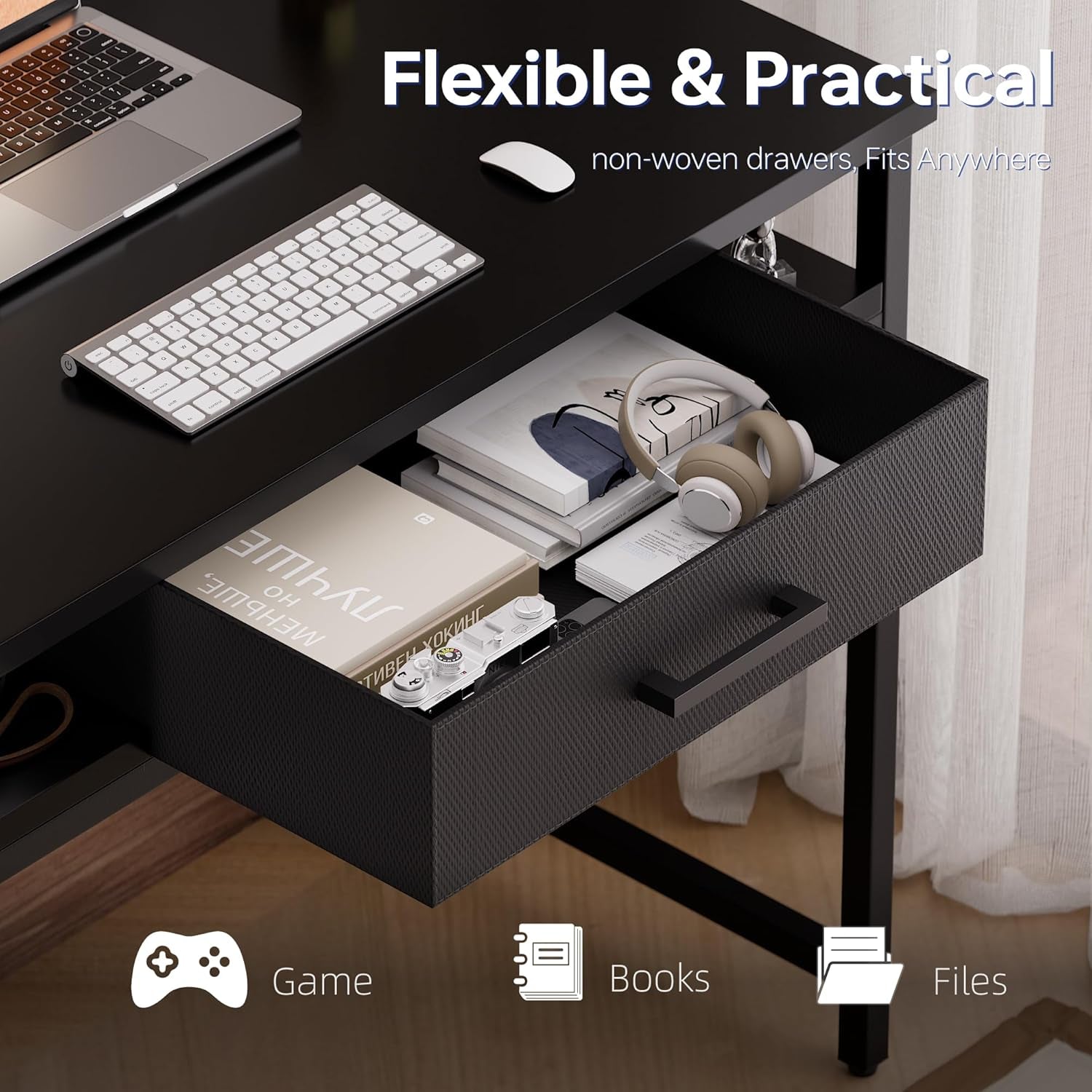 32 Inch Small Computer Desk with Drawer and Shelves Simple Study Work Table for Bedroom Marble