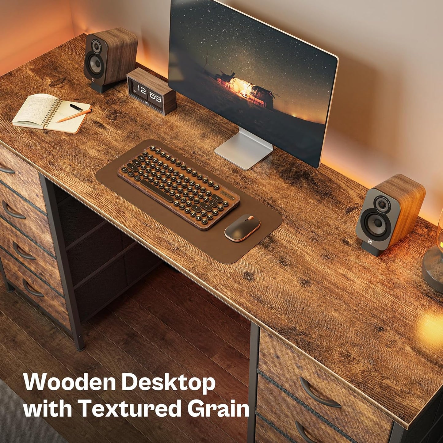 55 Inch Computer Desk with 8 Fabric Drawers, Office Desk Work Desk for Home Office, Study, Gaming Desk with Drawers, Large Storage, Rustic Brown