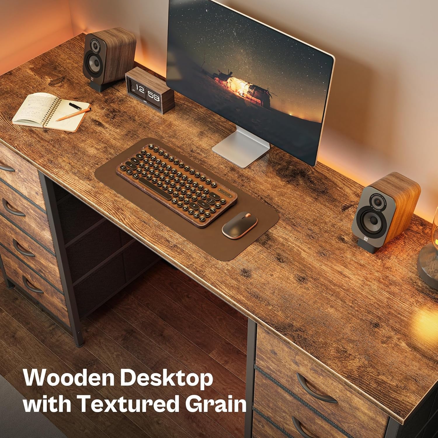 55 Inch Computer Desk with 8 Fabric Drawers, Office Desk Work Desk for Home Office, Study, Gaming Desk with Drawers, Large Storage, Rustic Brown