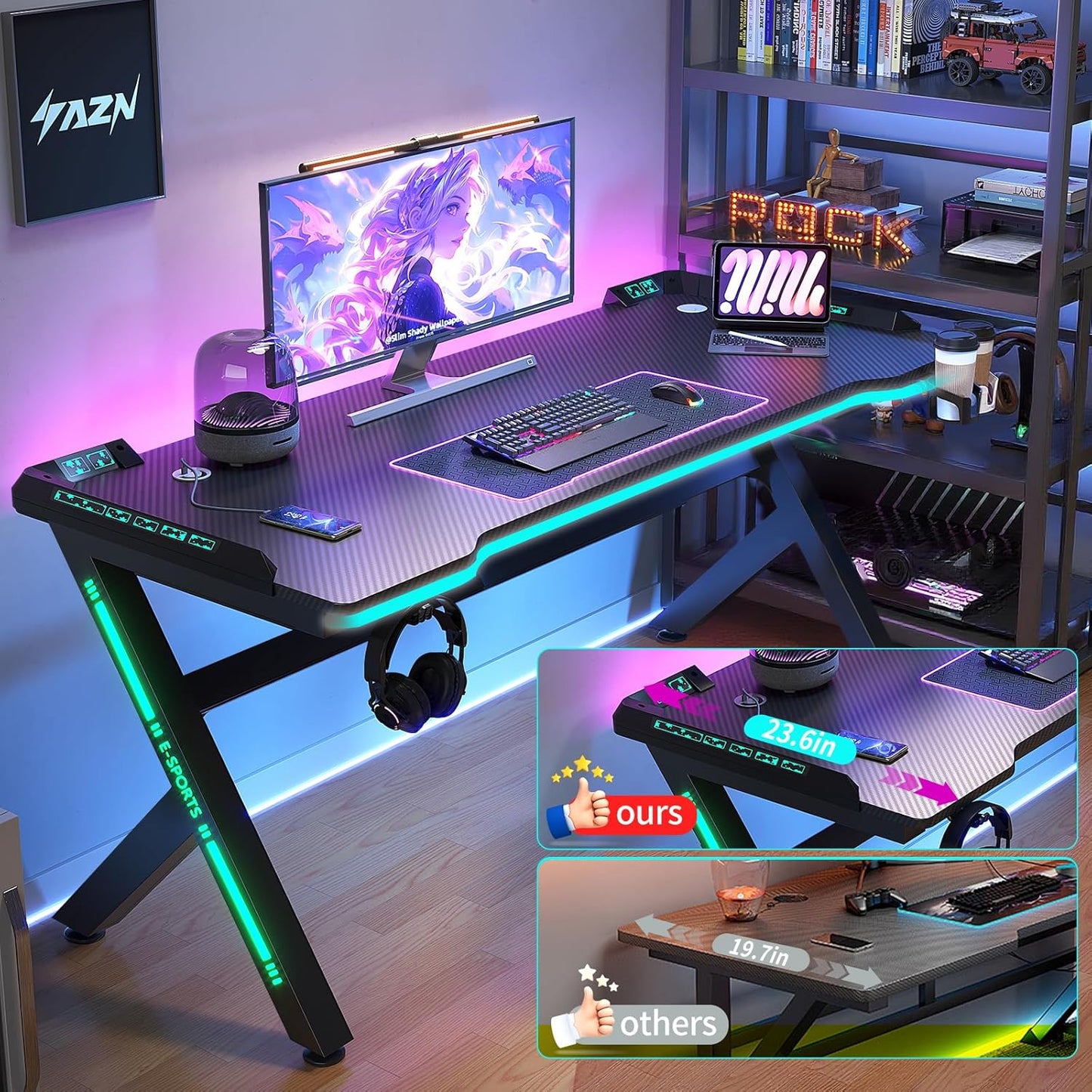 Gaming Desk, 47'' Computer Desk, Gaming Desk W/Carbon Fiber Desktop & 3D-Printed Relief Patterns, Home Office Desks W/Ergonomic Design, Computer Desks W/Cup & Headphone Holder, Cable Organizer