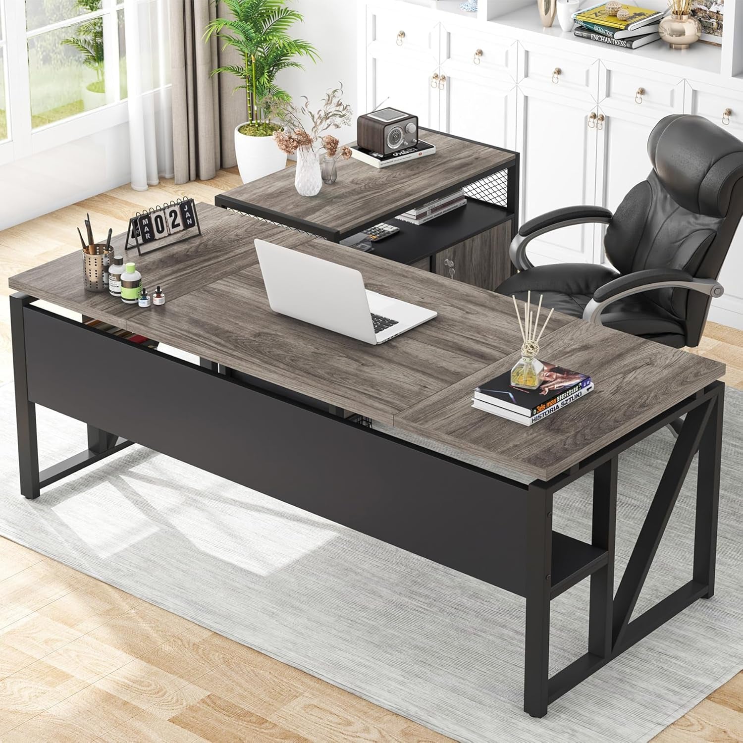 L Shaped Desk with Drawer Cabinet, 63" Executive Computer Desk and Lateral File Cabinet, 2 Piece Home Office Furniture with Drawers for Hanging File, Doors with Locks (Gray, 63 Inches)