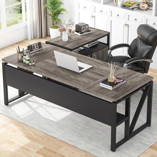 L Shaped Desk with Drawer Cabinet, 63" Executive Computer Desk and Lateral File Cabinet, 2 Piece Home Office Furniture with Drawers for Hanging File, Doors with Locks (Gray, 63 Inches)