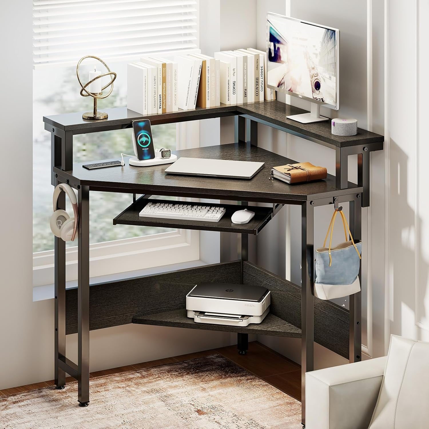 Conner Desk Home Office Computer Desk for Small Space with LED Lights Gaming Table with Storage Shelves Power Outlets Monitor Stand Keyboard Tray for Bedroom, Black