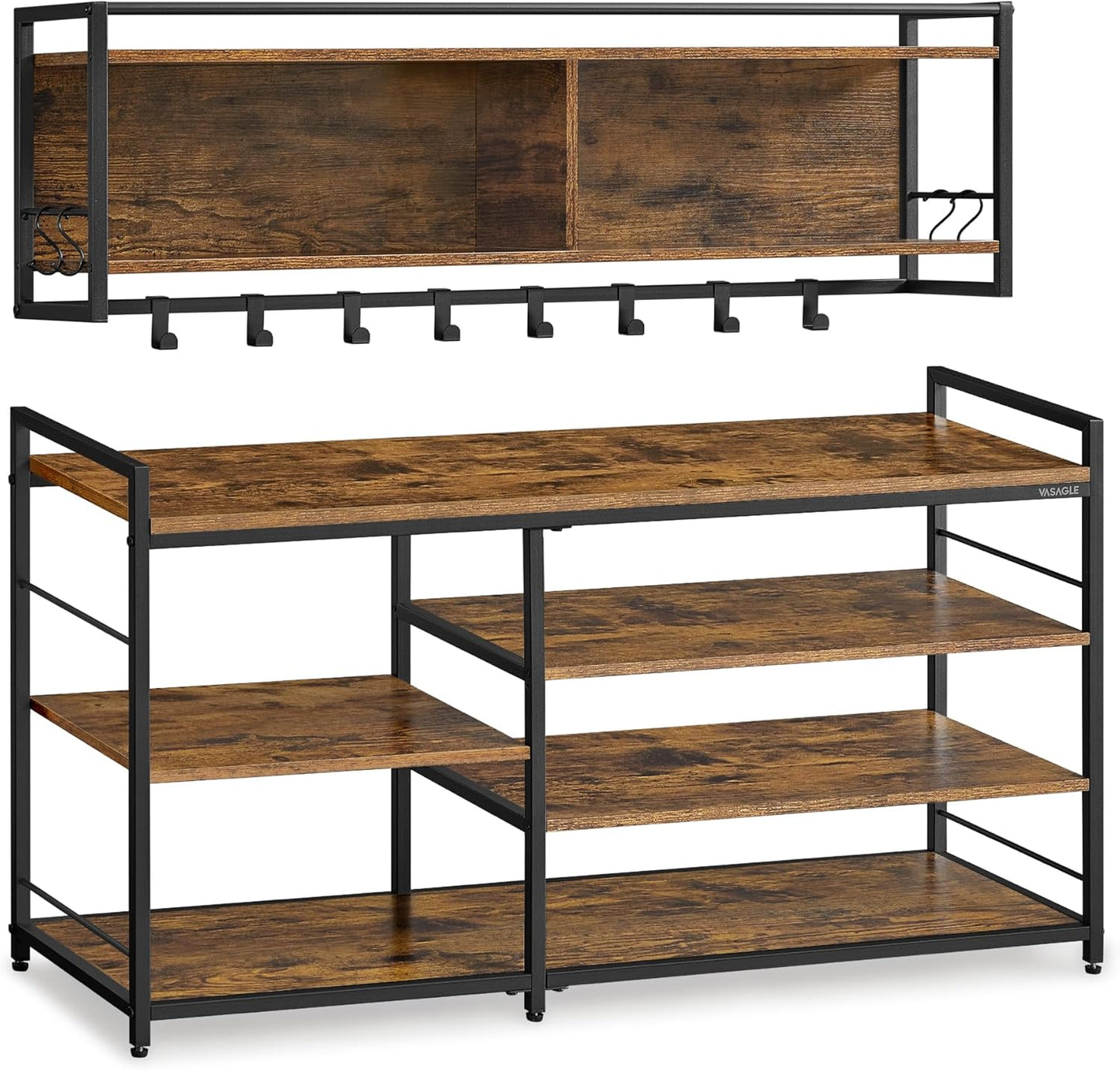 Hall Tree with Shoe Bench, Coat Rack Shoe Bench Set, Entryway Furniture, Multifunctional, 12 Metal Hooks, 4-Tier Shoe Rack, for Entryway, Bedroom, Rustic Brown ULSB108K01