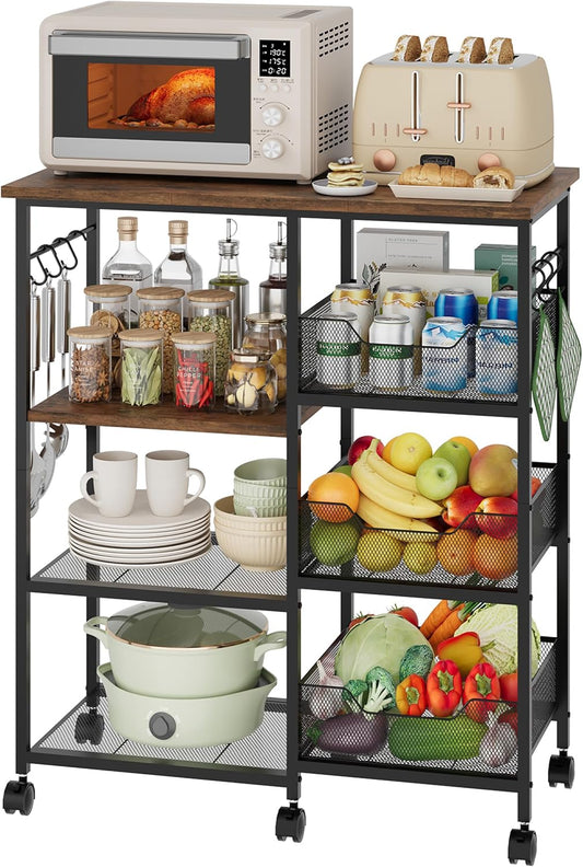 Rolling Kitchen Carts with Storage - Microwave Table Stand with 6 Hooks & 3 Baskets, Kitchen Island Cart on Lockable Wheels, 28.3" L × 14.6" W Bakers Rack Cart for Dining Room Coffee Bar Office