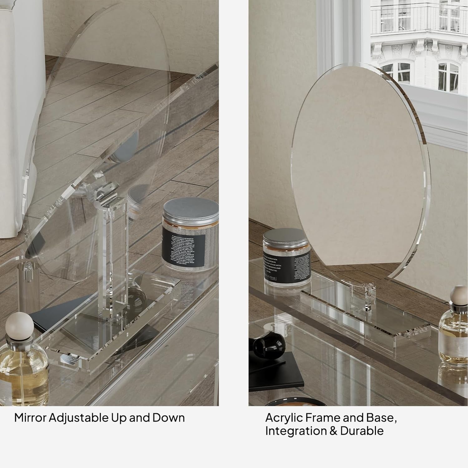 Acrylic Small Vanity with Mirror - 23.6'' L X 15.8'' W X 33.9'' H - Modern Makeup Vanity Desk for Small Spaces - Clear Makeup Table Dressing Table, for Bedroom, Cloakroom