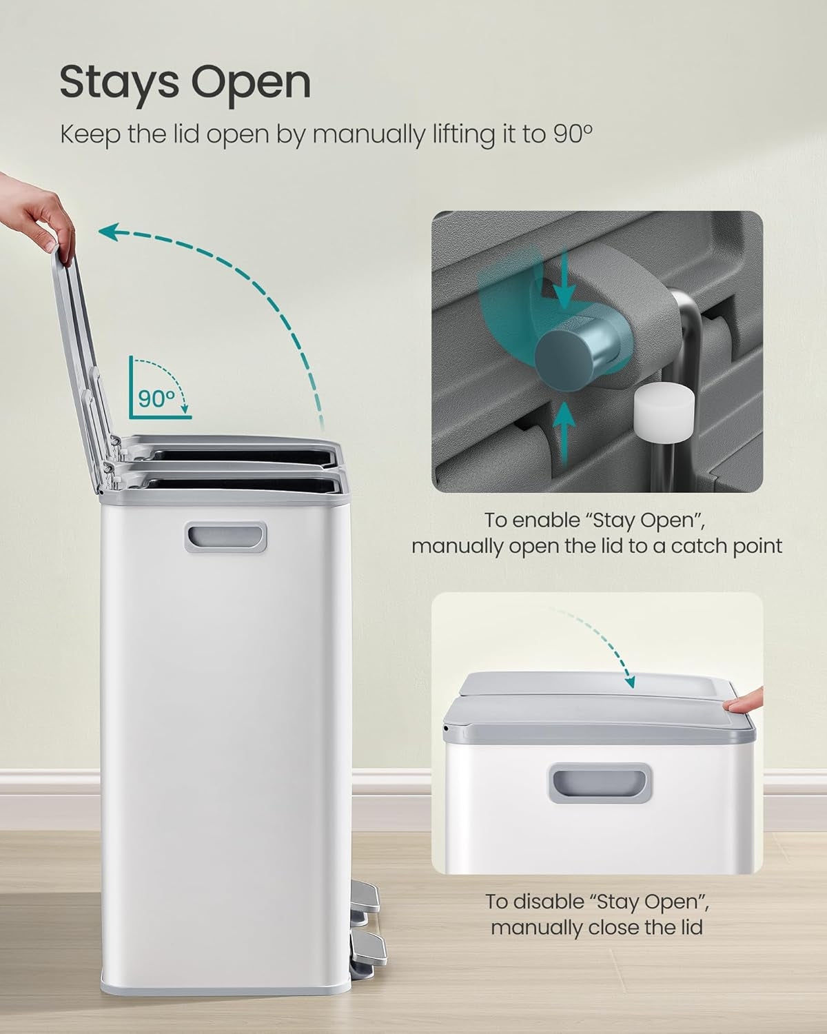 Trash Can, 2 X 8 Gallon (2 X 30 L) Dual-Compartment Garbage Can with Soft-Close Lid, Pedal and Inner Buckets, Stainless Steel, Includes 15 Liner Bags, Matte White ULTB741W01