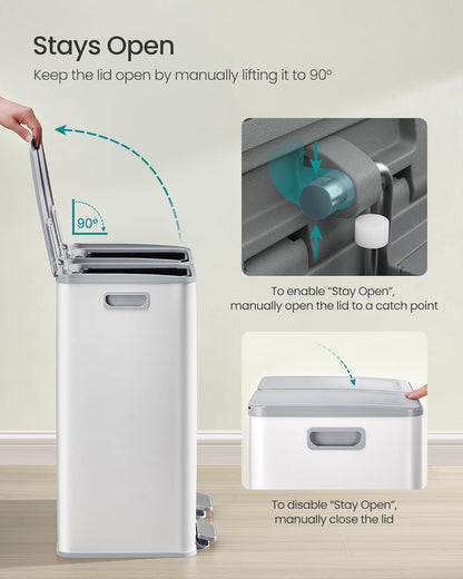 Trash Can, 2 X 8 Gallon (2 X 30 L) Dual-Compartment Garbage Can with Soft-Close Lid, Pedal and Inner Buckets, Stainless Steel, Includes 15 Liner Bags, Matte White ULTB741W01