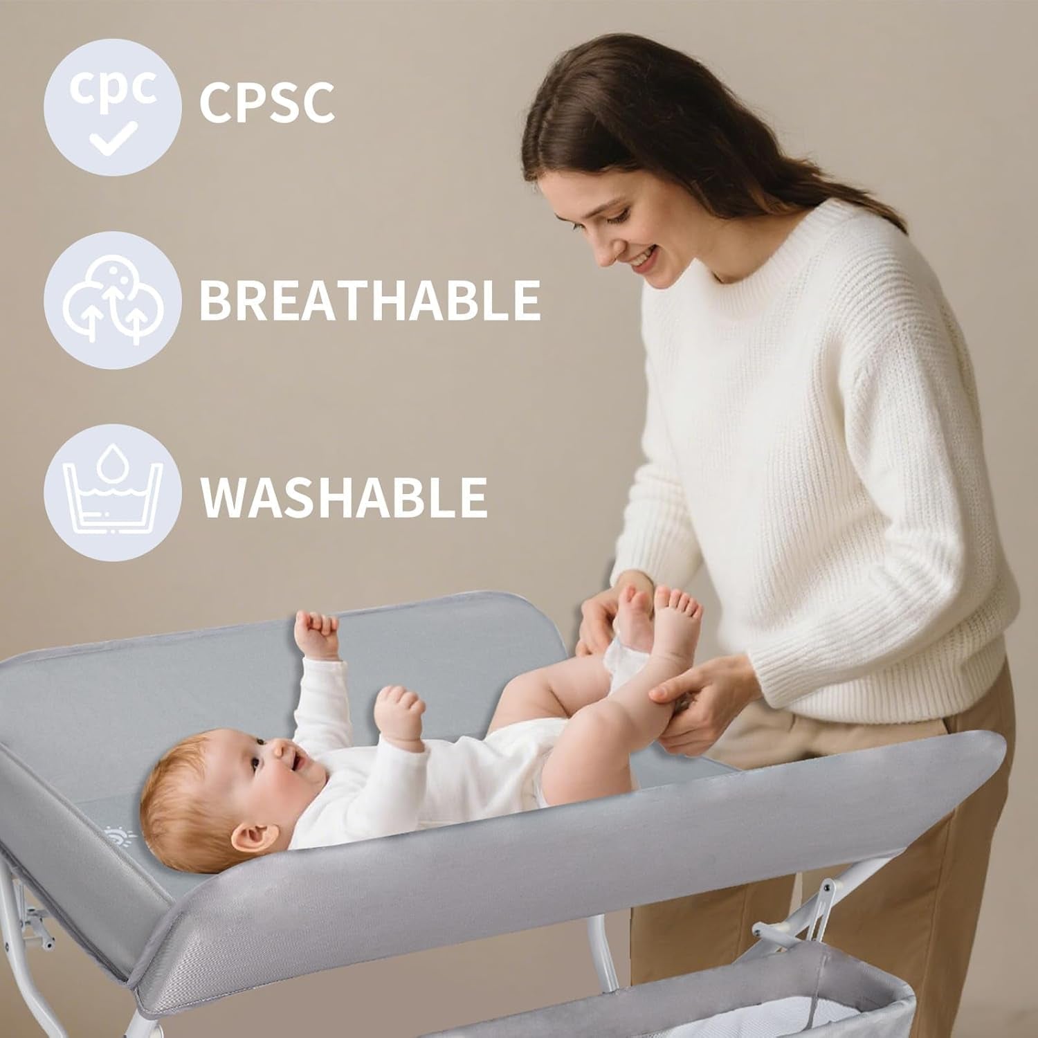 Baby Folding Portable Changing Table, 4-Level Adjustable Height Diaper Changing Station Table for Nursery with Safety Belt, Double Storage Bag, Headrests & Diaper Pad