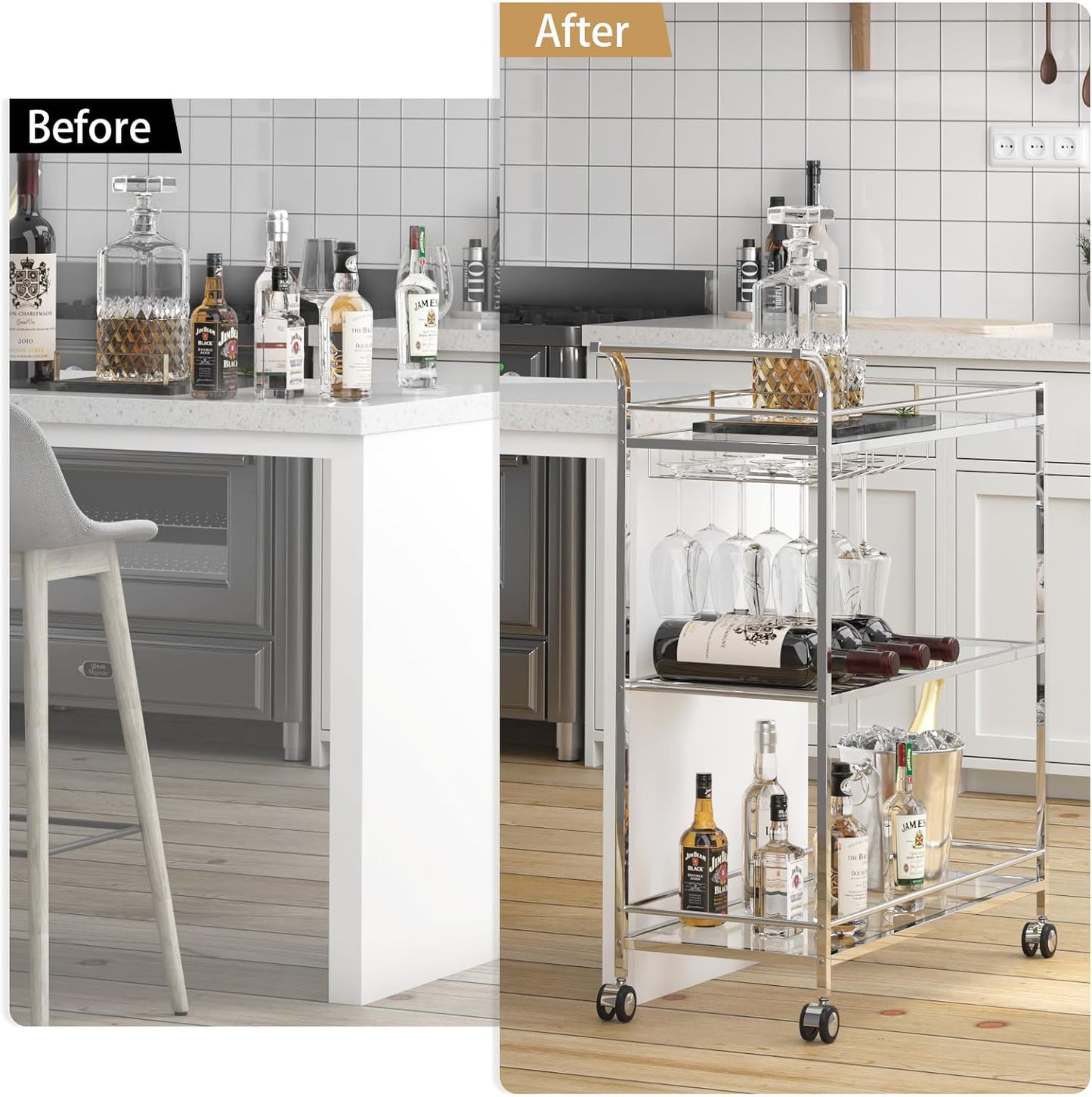 Bar Cart Silver, Home Bar Serving Cart, Modern Bar Cart with 3-Tier, Mobile Kitchen Shelf with Wine Rack and Glass Holder, Bar Carts for the Home, Dining Room, Living Room