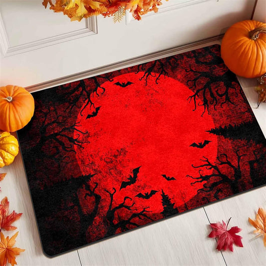 Halloween Welcome Mat Low Profile Entrance Decoration Easy Clean Door Rug Halloween Red Full Moon Bats Doormat Outdoor Entrance for outside Entrance or Porch Entry, 16" X 24" Inch