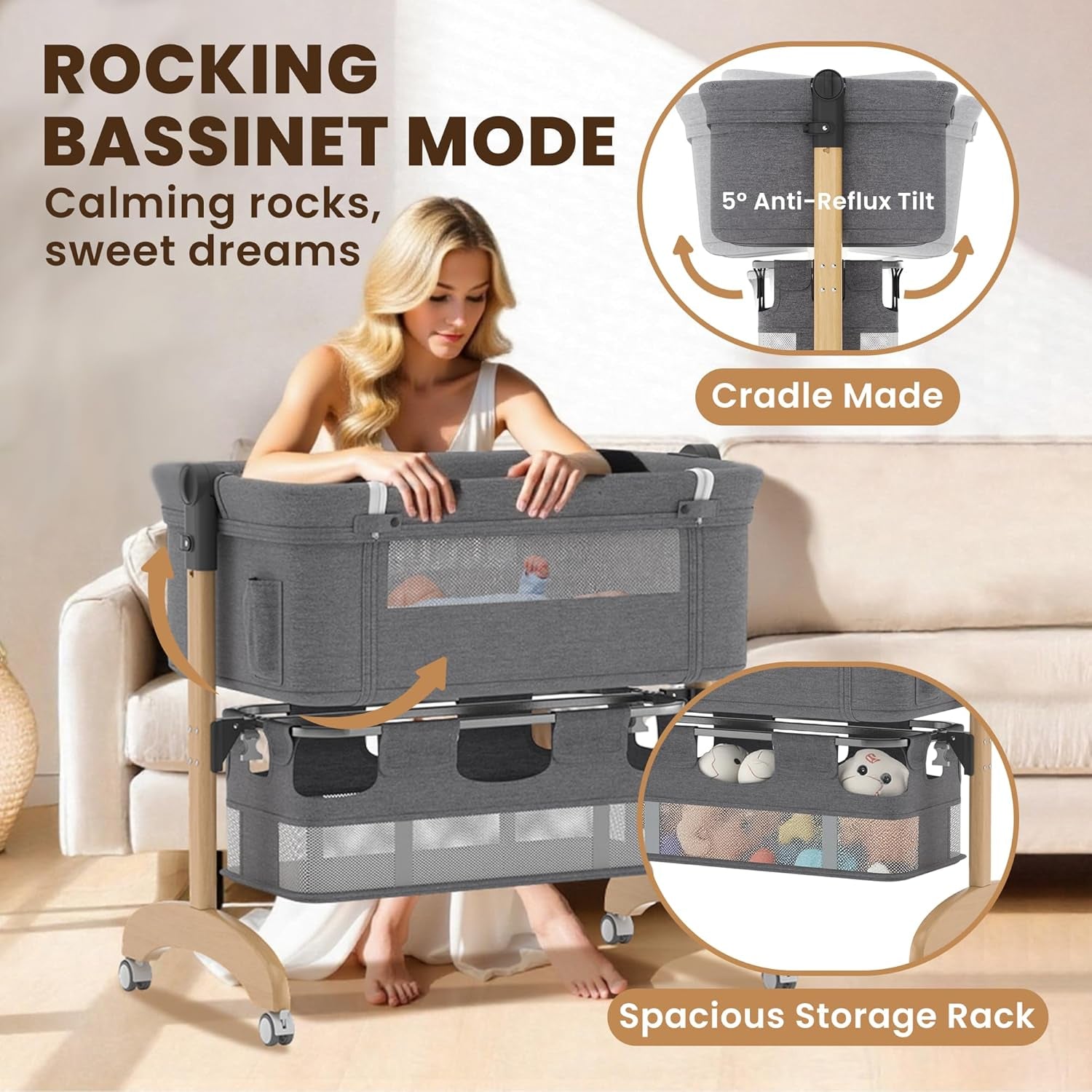 Baby Bassinet, Bedside Bassinet for Baby, 3 in 1 Adjustable Height Bedside Sleeper with Wheels, Breathable Mesh, Easy Folding Portable Crib, Rocking Mode & Storage Basket for Newborn Infants