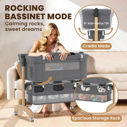 Baby Bassinet, Bedside Bassinet for Baby, 3 in 1 Adjustable Height Bedside Sleeper with Wheels, Breathable Mesh, Easy Folding Portable Crib, Rocking Mode & Storage Basket for Newborn Infants